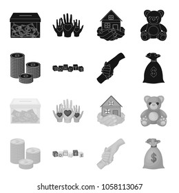 A pile of coins for donations, colored cubes with an inscription, a handshake, a bag of money for donations. Charity and donation set collection icons in black,monochrome style vector symbol stock