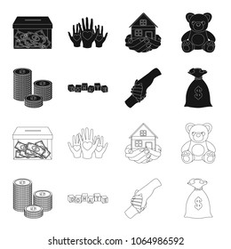 A pile of coins for donations, colored cubes with an inscription, a handshake, a bag of money for donations. Charity and donation set collection icons in black,outline style vector symbol stock