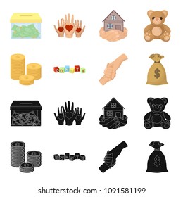 A pile of coins for donations, colored cubes with an inscription, a handshake, a bag of money for donations. Charity and donation set collection icons in black,cartoon style vector symbol stock