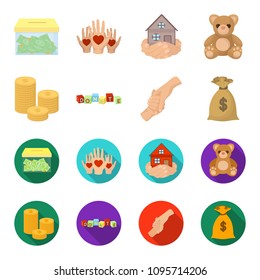 A pile of coins for donations, colored cubes with an inscription, a handshake, a bag of money for donations. Charity and donation set collection icons in cartoon,flat style vector symbol stock