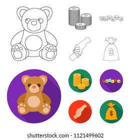 A pile of coins for donations, colored cubes with an inscription, a handshake, a bag of money for donations. Charity and donation set collection icons in outline,flat style vector symbol stock