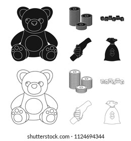 A pile of coins for donations, colored cubes with an inscription, a handshake, a bag of money for donations. Charity and donation set collection icons in black,outline style vector symbol stock