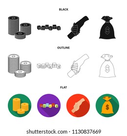 A pile of coins for donations, colored cubes with an inscription, a handshake, a bag of money for donations. Charity and donation set collection icons in black,flat,outline style vector symbol stock