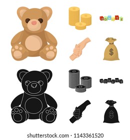 A pile of coins for donations, colored cubes with an inscription, a handshake, a bag of money for donations. Charity and donation set collection icons in cartoon,black style vector symbol stock
