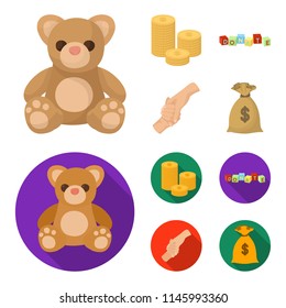 A pile of coins for donations, colored cubes with an inscription, a handshake, a bag of money for donations. Charity and donation set collection icons in cartoon,flat style vector symbol stock