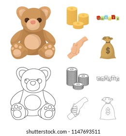 A pile of coins for donations, colored cubes with an inscription, a handshake, a bag of money for donations. Charity and donation set collection icons in cartoon,outline style vector symbol stock
