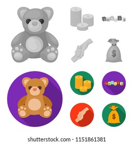 A pile of coins for donations, colored cubes with an inscription, a handshake, a bag of money for donations. Charity and donation set collection icons in monochrome,flat style vector symbol stock