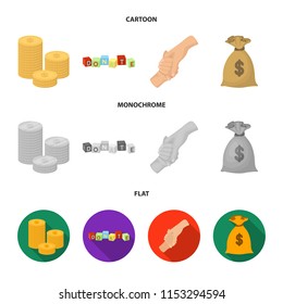 A pile of coins for donations, colored cubes with an inscription, a handshake, a bag of money for donations. Charity and donation set collection icons in cartoon,flat,monochrome style vector symbol