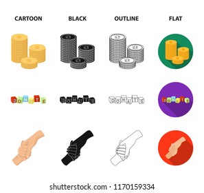 A pile of coins for donations, colored cubes with an inscription, a handshake, a bag of money for donations. Charity and donation set collection icons in cartoon,black,outline,flat style vector symbol