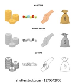 A pile of coins for donations, colored cubes with an inscription, a handshake, a bag of money for donations. Charity and donation set collection icons in cartoon,outline,monochrome style vector symbol
