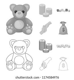A pile of coins for donations, colored cubes with an inscription, a handshake, a bag of money for donations. Charity and donation set collection icons in outline,monochrome style vector symbol stock