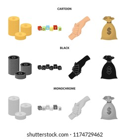 A pile of coins for donations, colored cubes with an inscription, a handshake, a bag of money for donations. Charity and donation set collection icons in cartoon,black,monochrome style vector symbol