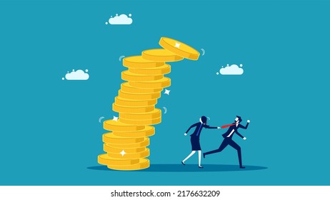 A pile of coins fell. A businessman fled from a pile of falling coins. vector