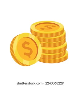 pile of coins in flat design. Gold dollar coin symbol. Income concept. Heap of cash dollar coins vector.