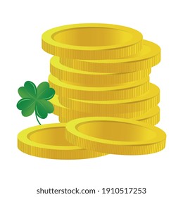 pile coins golden and clover leaf vector illustration design