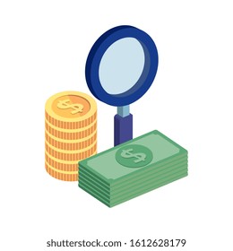 pile of coins with magnifying glass and stack bills vector illustration design