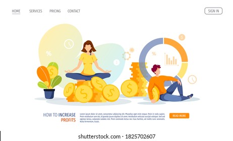 Pile of coins with meditating woman and money plant. Diagram and sitting man. Profit, income, prosperity, financial success, business, investment concept. Vector illustration for banner, website.