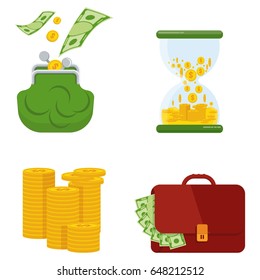 Pile of coins and money stack. Falling money cash and golden coins. Flat vector cartoon illustration. Objects isolated on a white background.