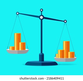 A pile of coins outweighed another. Money icons on scales in flat style. Libra symbol, balance sign. Vector business elements for your project