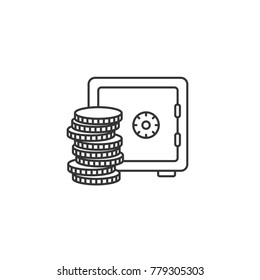 Pile of coins and a safe thin line vector icon
