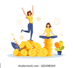 Pila de monedas, mujeres y plantas de dinero. Beneficio, ingresos, presupuesto, prosperidad, éxito financiero, concepto de ahorro. Ilustración vectorial aislada para banner, afiche, publicidad.