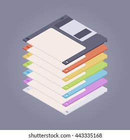 Pile of the colored floppy disks, diskettes against the purple background. 3D isometric flat vector concept illustration