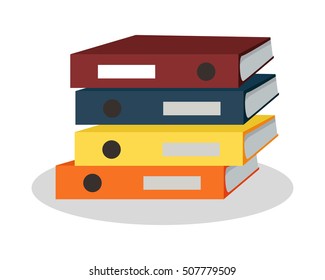 Pile of colorful binders. Large number of business documents with bookmarks. Paper work, office routine, bureaucracy concept. Flat design. Illustration for data, e-mail, management, services.