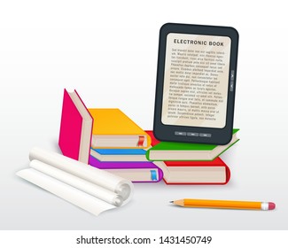 Pile of colorful books with ebook, graduation cap, paper roll and pencil isolated on white background. Design element for back to school, online courses, education, e-learning, banner or promotion