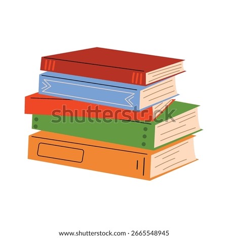 Pile of colorful books. Stack of hardcover novels and textbooks in various colors. Reading, learning, studying concept. Flat vector illustration isolated on white background.