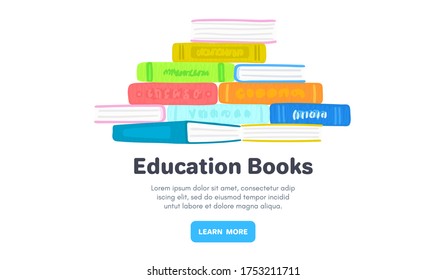 Pile of colorful books or textbooks. Reading. Design for library, bookstore, publishing house, university, college. Advertising banner, landing page, mailing, poster. Vector illustration, eps10