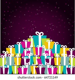 A pile of colorful Christmas gift boxes. Vector illustration