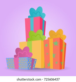 Pile of colorful Christmas presents tied with a ribbon. Cartoon gift boxes on a pink background.