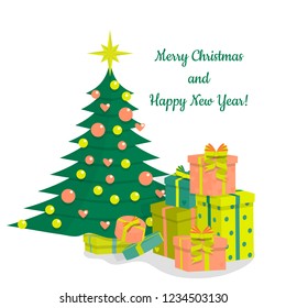 a pile of colorful gift boxes under decorated christmas tree, merry christmas and happy new year text