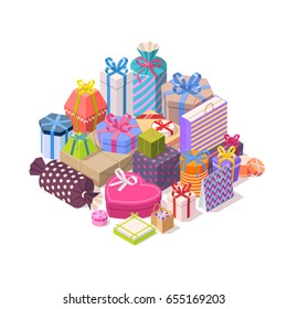 Montón de coloridas cajas de regalo. Presentes envueltos aislados en fondo blanco. Isometric vectorial ilustración