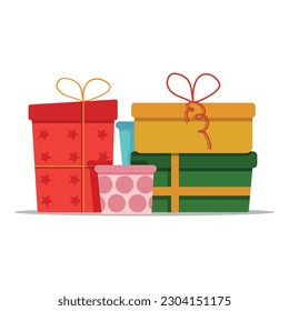 Pile colorful gift or present boxes with ribbon and bow vector set isolated on white background. Gift box for Christmas or a birthday party in a flat style. Heap wrapped gifts in colorful packaging