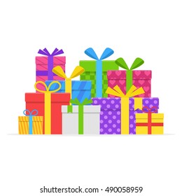 Pile colorful gift or present boxes with ribbon and bow vector set isolated on white background. Gift box for Christmas or a birthday party in a flat style. Heap wrapped gifts in colorful packaging