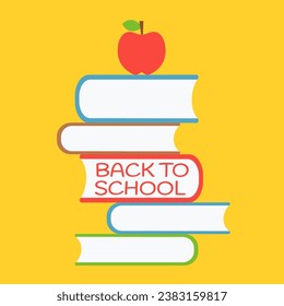 A pile of colorful textbooks to go back to school vector illustration. stack of books vector concept and creative red apple on top flat design. education symbol for first day. wisdom or knowledge icon