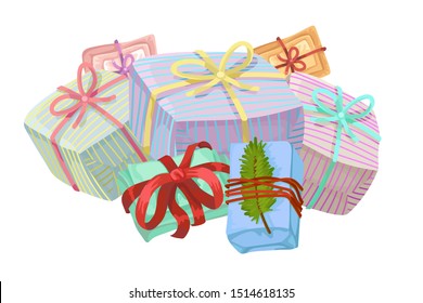 Pile of colorful wrapped christmas gift boxes with ribbon. Stack of present boxes for birthday, wedding, anniversary. Cute hand drawn holiday greeting vector. Cartoon illustration on white background