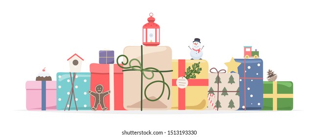 Pile of colorful wrapped gift boxes and toys, Christmas ball, candy, Gingerbread man, snowman, cone, lantern. Holiday vector illustration Isolated on white background