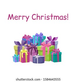 Pile of colorful wrapped gift boxes. Present box set. Merry Christmas card. Vector illustration in cartoon style isolated on white background