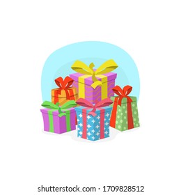 Pila de coloridas cajas de regalo envueltas. Ilustración de estilo de dibujo