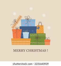 Pile of colorful wrapped gift boxes. Lots of presents. Flat style cartoon vector illustration.