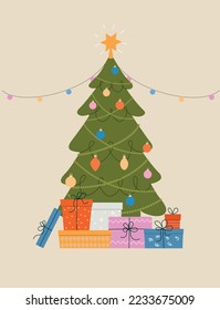 Pile of colorful wrapped gift boxes in front of the Christmas tree. Vector flat style cartoon illustration