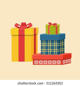 Pile of colorful wrapped gift boxes. Lots of presents. Flat style vector illustration.