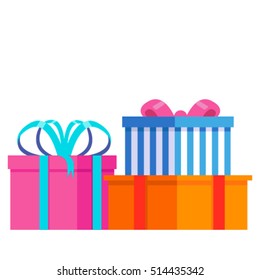 Pile of colorful wrapped gift boxes. Flat style vector illustration isolated on white background.