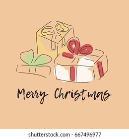 Pile of colorful wrapped gift boxes. Lots of presents. Flat style vector illustration