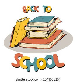 a pile of colourful books with soft and hard cover on white background - hand drawn flat vector illustration. Back to school. 