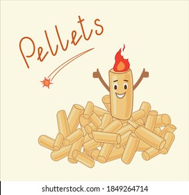 Pile of compressed wood pellets for use as an eco-friendly renewable organic biofuel, lettering. Vector illustration. Happy pellets, fire.