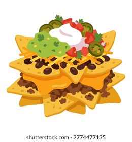 Pile of corn chips topped with minced meat melted cheese beans jalapenos and garnish.