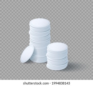 Pile of cosmetic cotton pads for makeup removal. Hygiene white discs set. Makeup remover napkins isolated on transparent background. Realistic 3d vector illustration